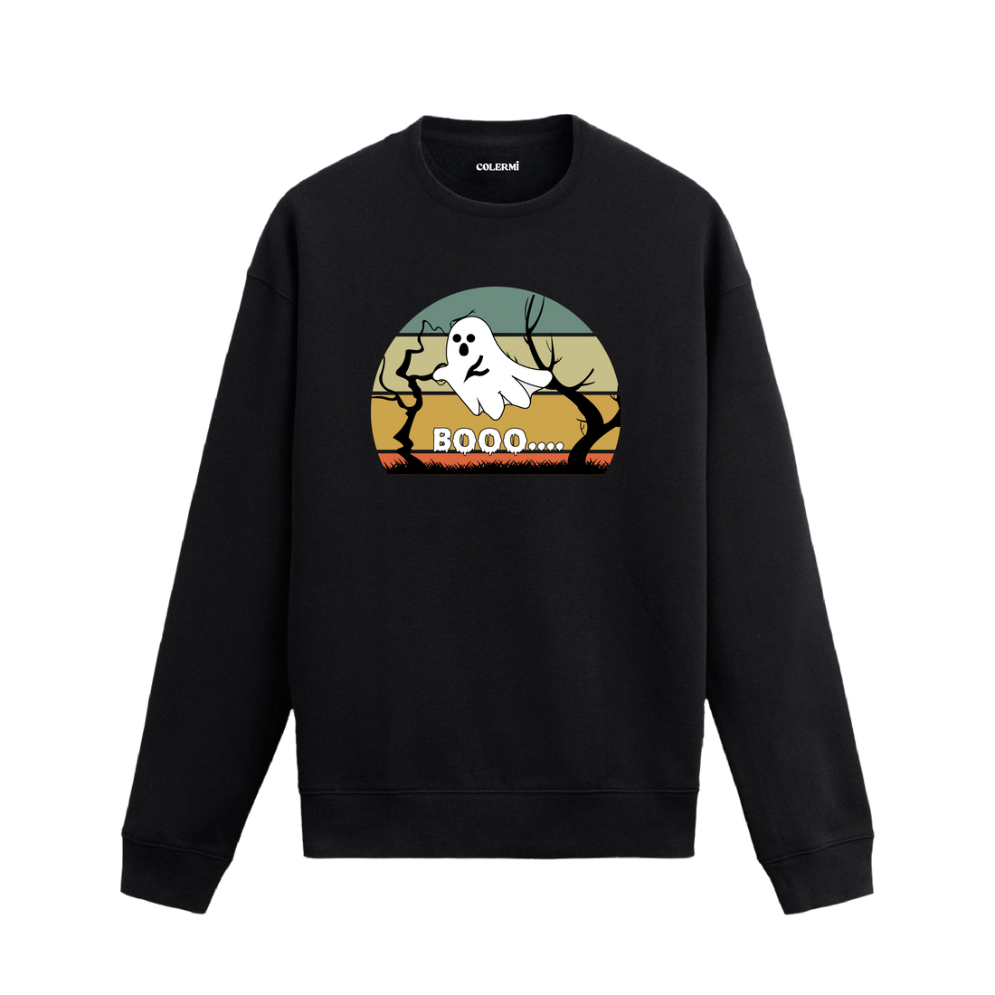 “Buuu…” yazılı, retro gün batımı fonlu hayalet baskılı siyah sweatshirt