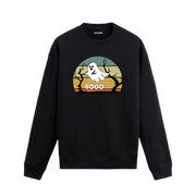 “Buuu…” yazılı, retro gün batımı fonlu hayalet baskılı siyah sweatshirt
