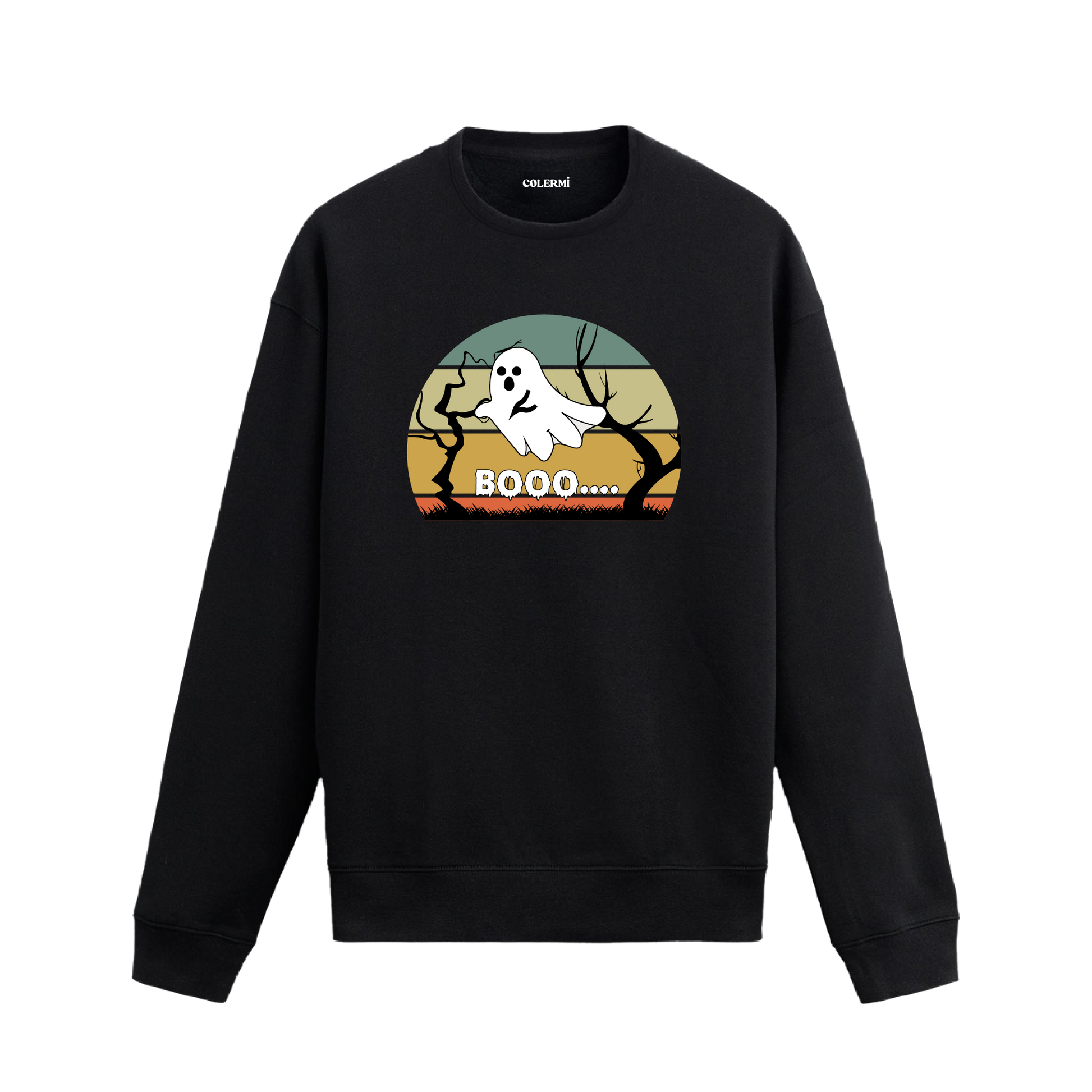 “Buuu…” yazılı, retro gün batımı fonlu hayalet baskılı siyah sweatshirt