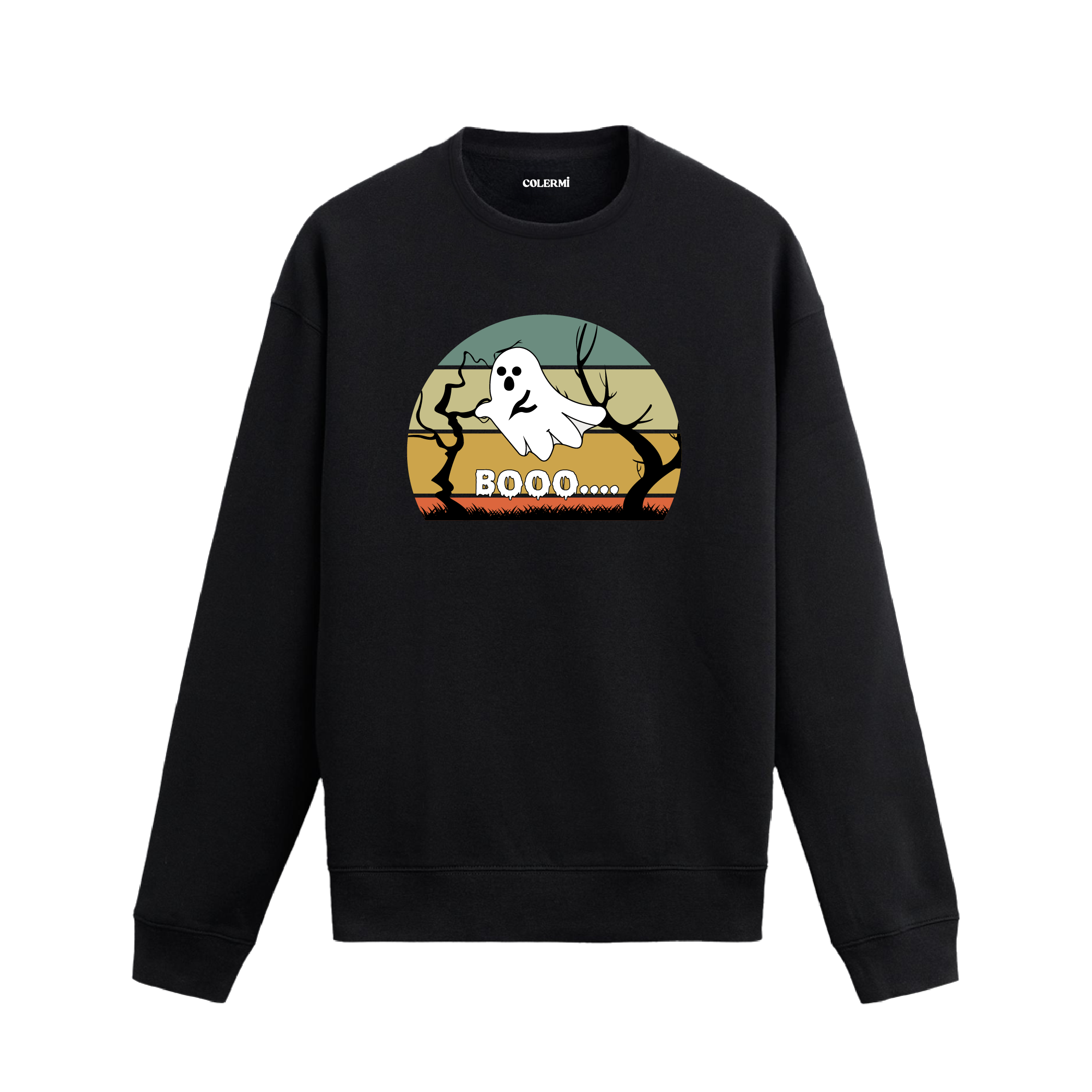 “Buuu…” yazılı, retro gün batımı fonlu hayalet baskılı siyah sweatshirt