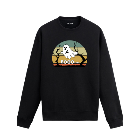 “Buuu…” yazılı, retro gün batımı fonlu hayalet baskılı siyah sweatshirt