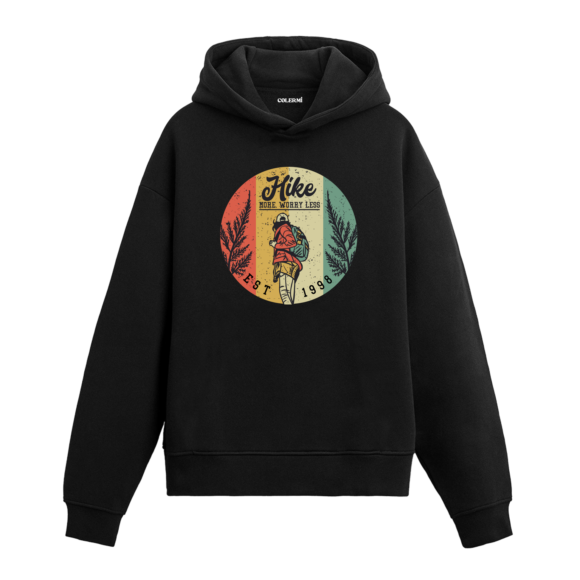 Hike More Worry Less yazılı siyah hoodie – doğa yürüyüşü temalı retro tasarım