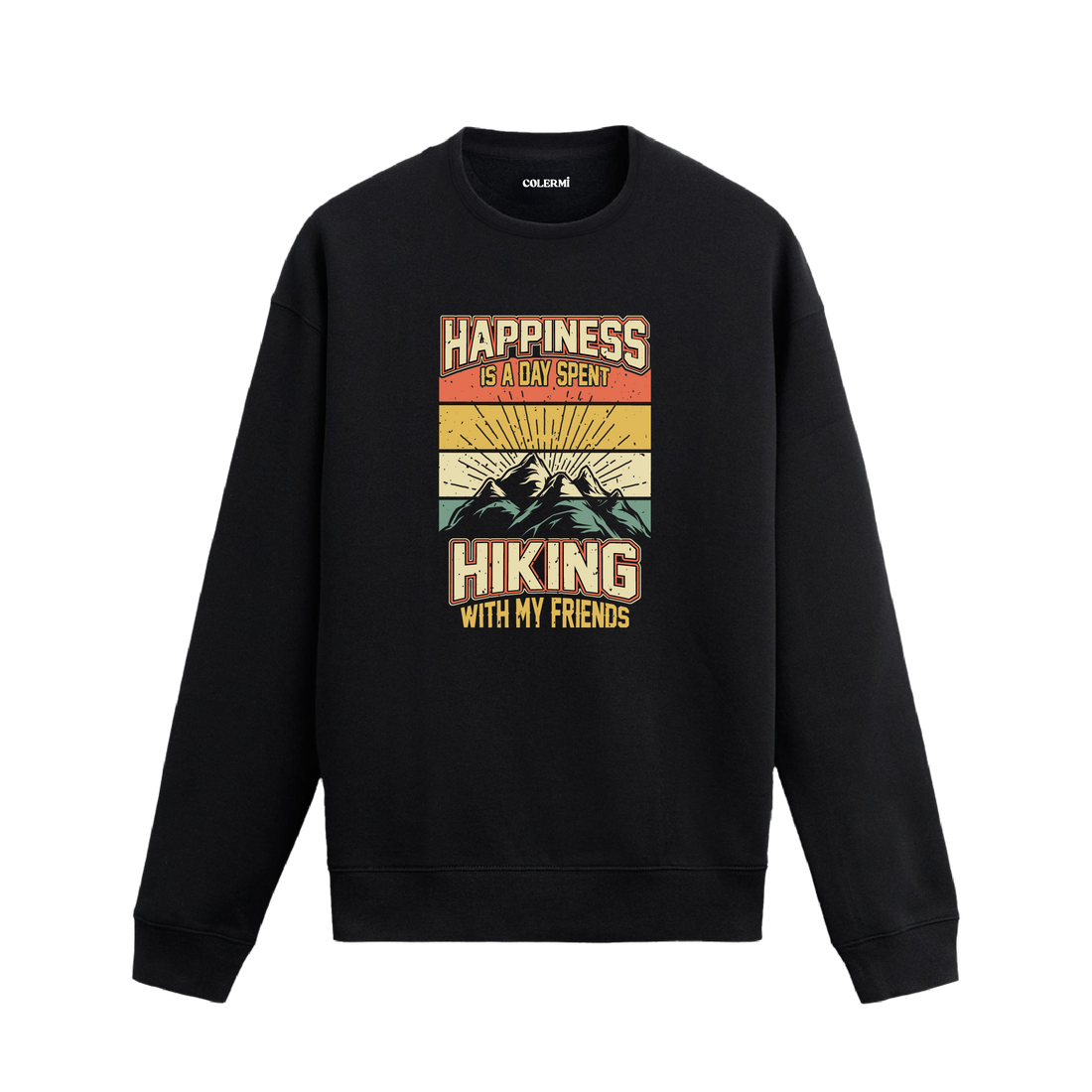 Hiking With My Friends yazılı siyah sweatshirt – dağ manzaralı retro tasarım