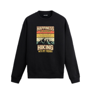 Hiking With My Friends yazılı siyah sweatshirt – dağ manzaralı retro tasarım