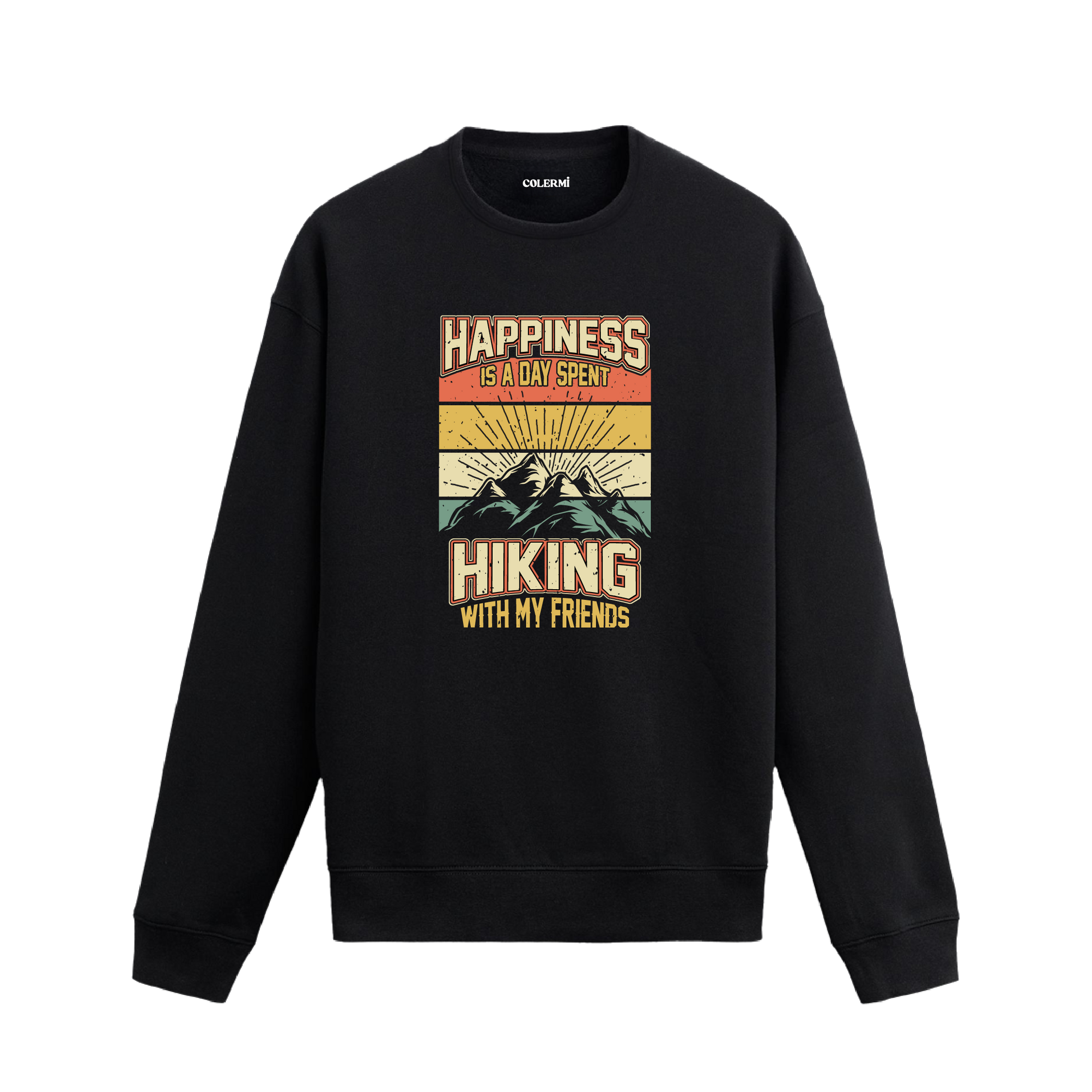 Hiking With My Friends yazılı siyah sweatshirt – dağ manzaralı retro tasarım