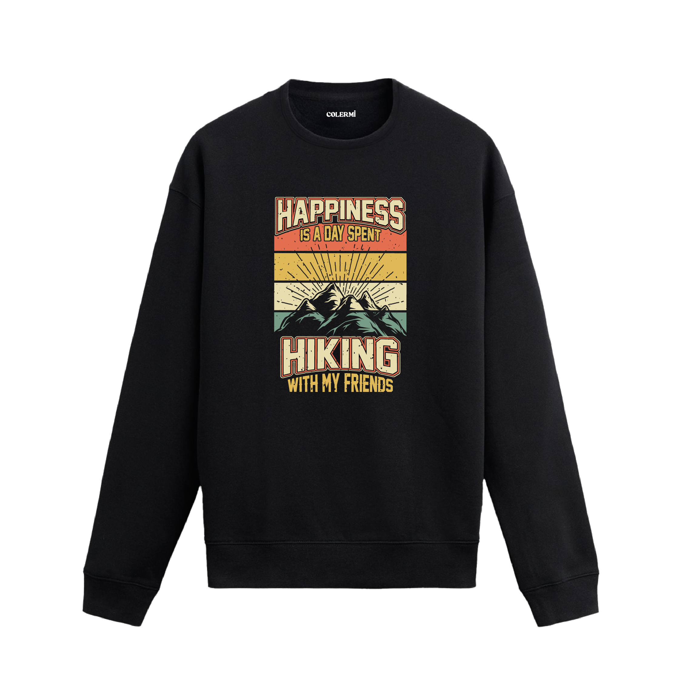 Hiking With My Friends yazılı siyah sweatshirt – dağ manzaralı retro tasarım
