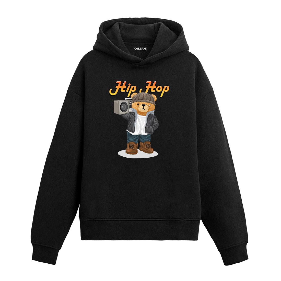 Elinde müzik çalar taşıyan, hip hop tarzında giyinmiş ayıcık baskılı hoodie tasarımı.