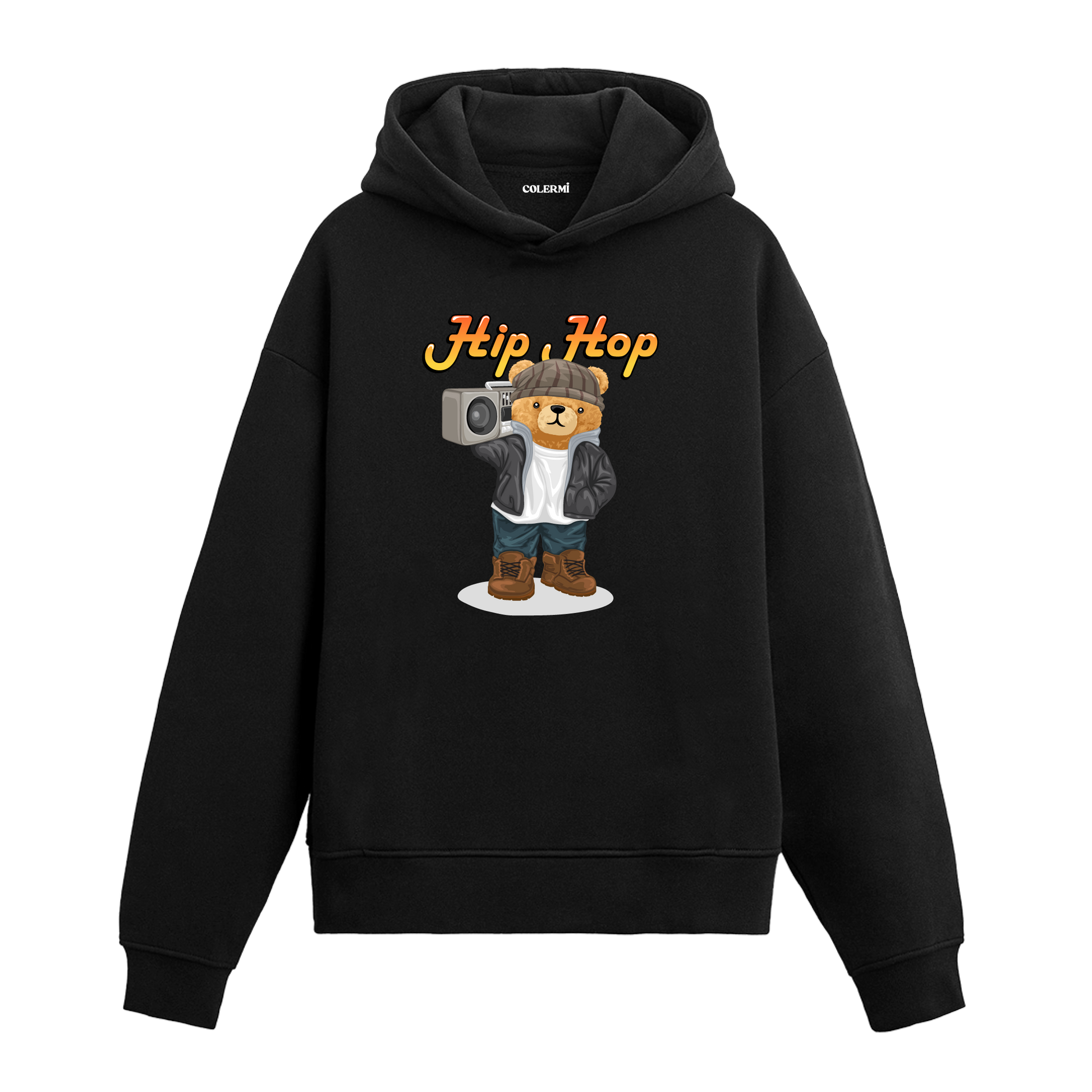 Elinde müzik çalar taşıyan, hip hop tarzında giyinmiş ayıcık baskılı hoodie tasarımı.