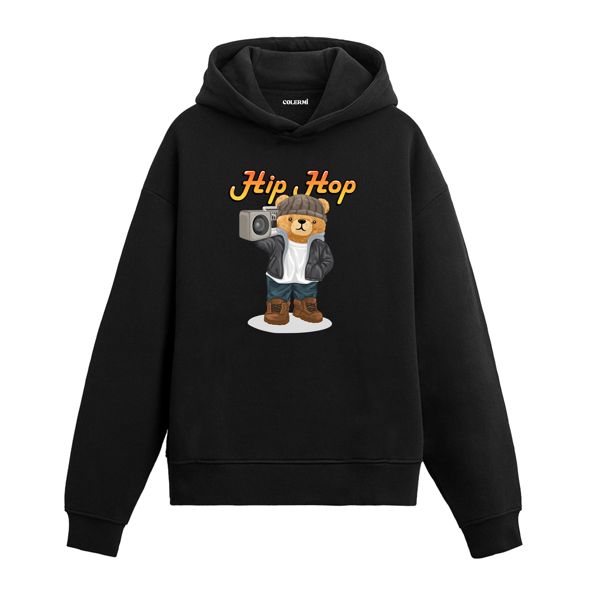 Elinde müzik çalar taşıyan, hip hop tarzında giyinmiş ayıcık baskılı hoodie tasarımı.