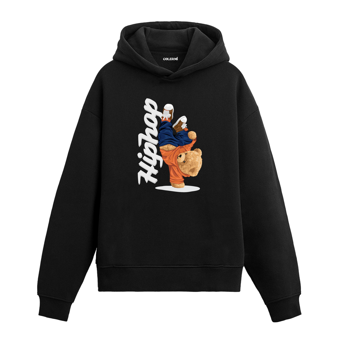Tek eli üzerinde breakdance yapan hip hop tarzı ayıcık figürlü hoodie tasarımı.