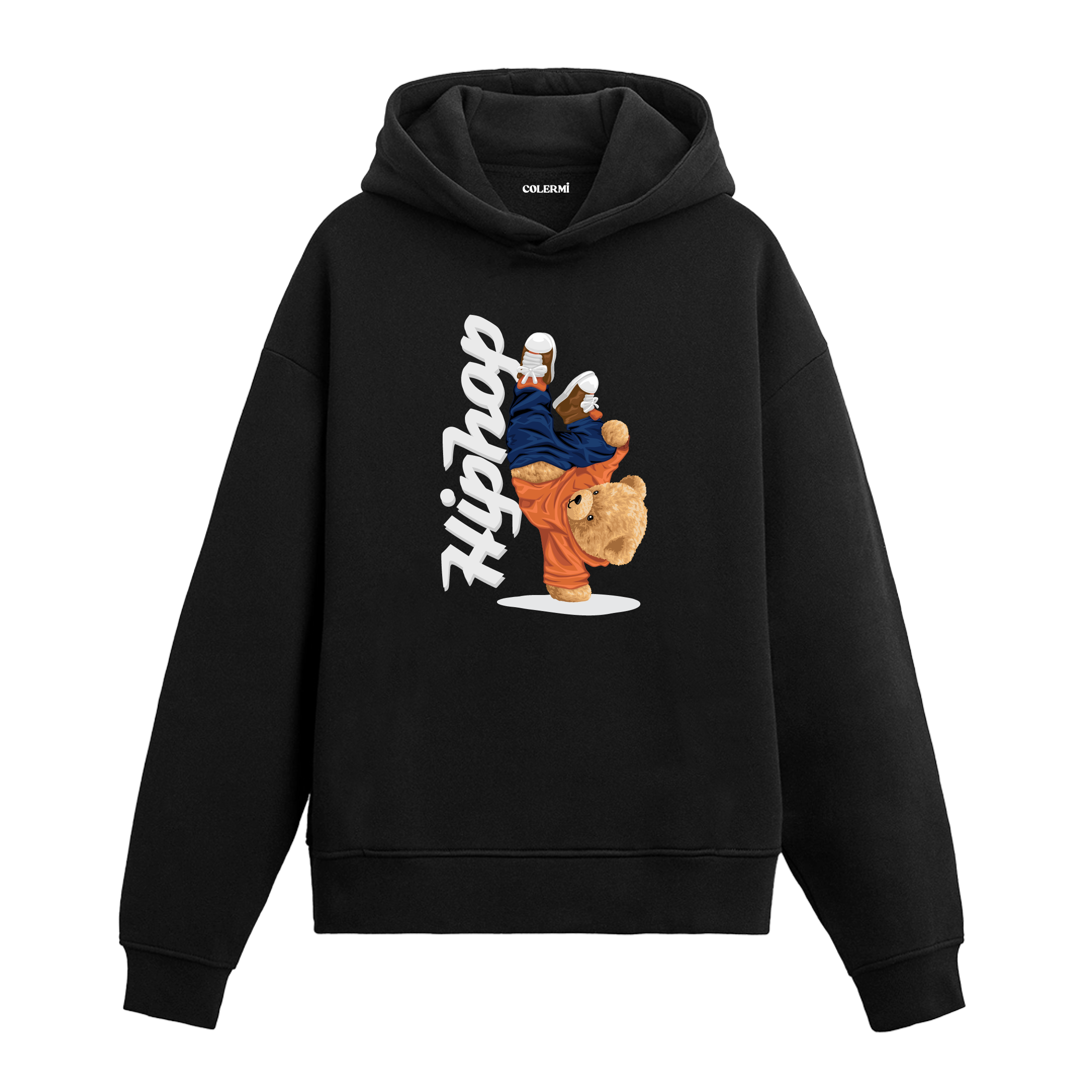 Tek eli üzerinde breakdance yapan hip hop tarzı ayıcık figürlü hoodie tasarımı.