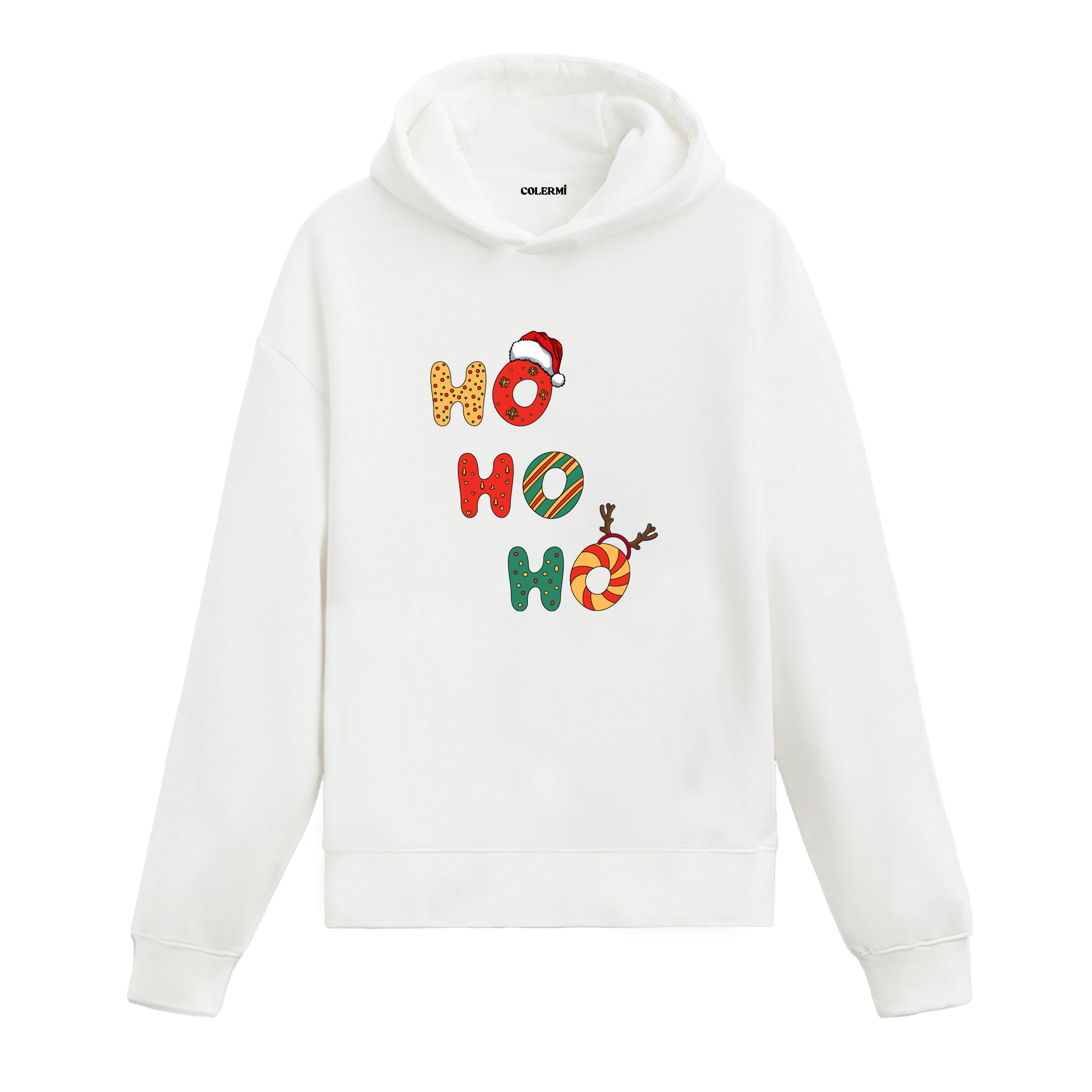 Beyaz hoodie, renkli HO HO HO yazılı baskı Noel şapka ve şekerleme detaylı, pamuklu unisex hoodie