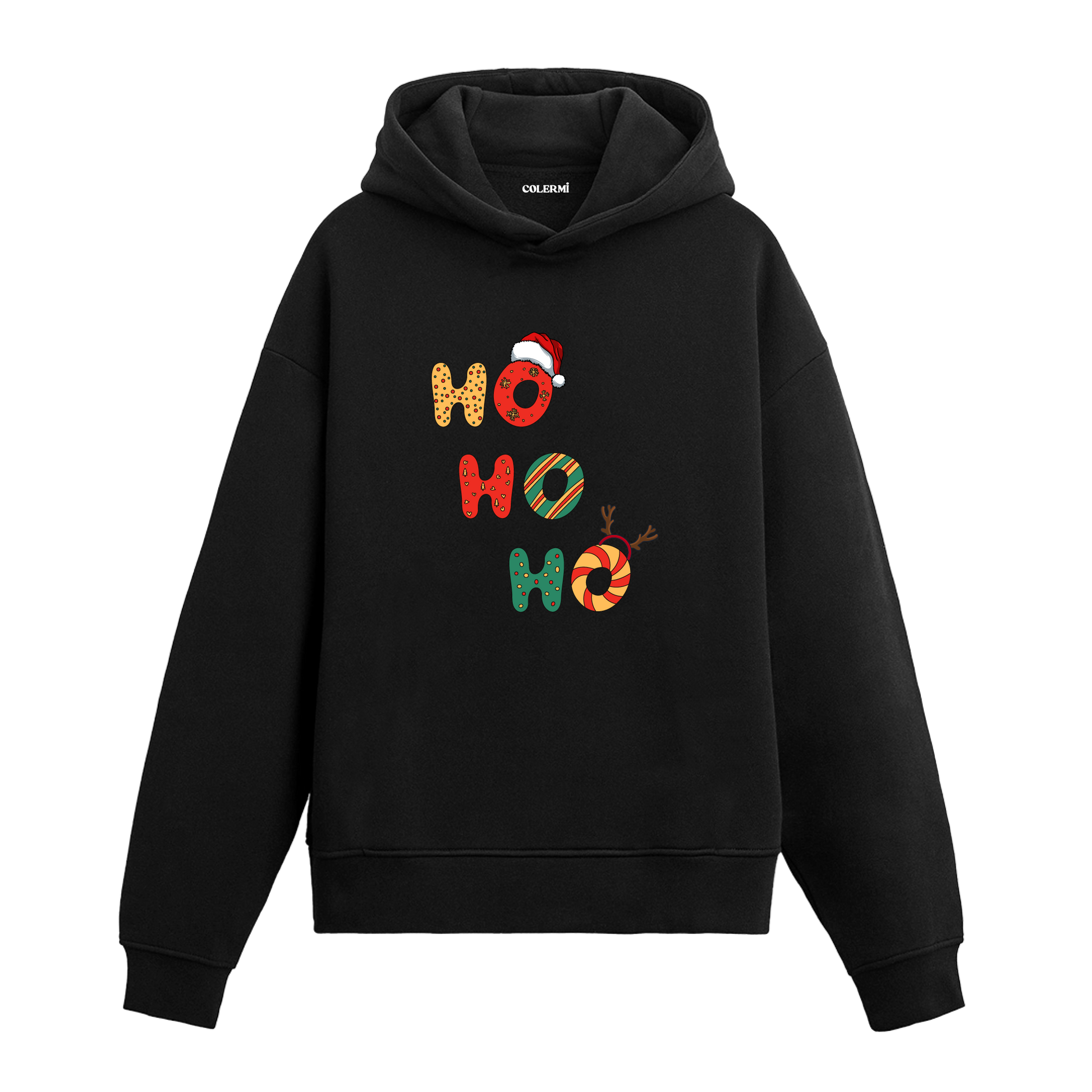 Siyah hoodie, Noel şapkalı ve geyik boynuzlu HO HO HO yazılı baskı, pamuklu unisex hoodie