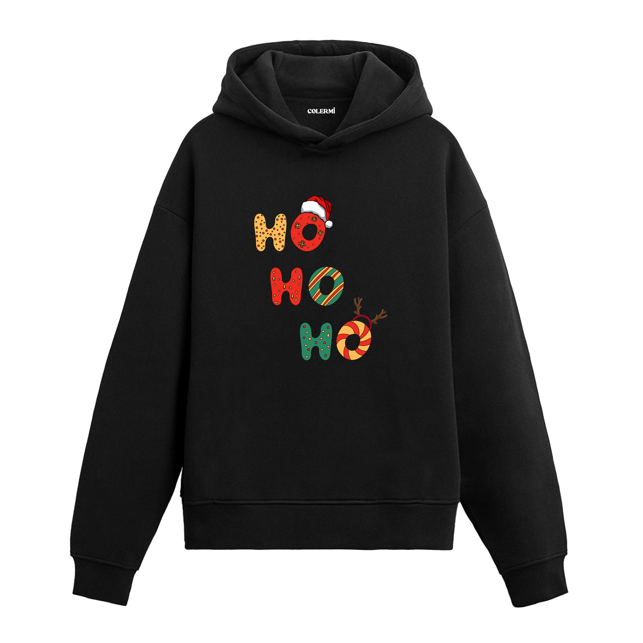 Siyah hoodie, Noel şapkalı ve geyik boynuzlu HO HO HO yazılı baskı, pamuklu unisex hoodie