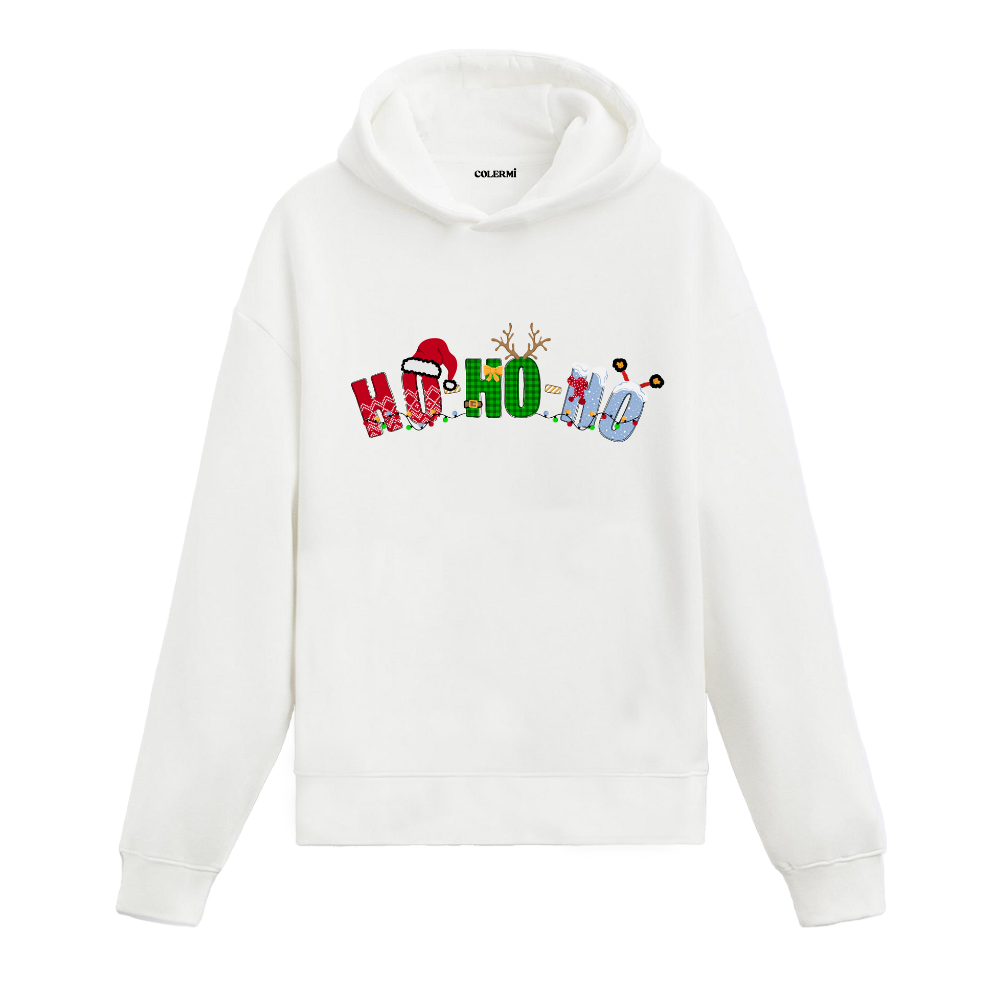 Beyaz hoodie, Ho Ho Ho yazısı baskılı, Noel Baba şapkası ve geyik boynuzlu tasarım