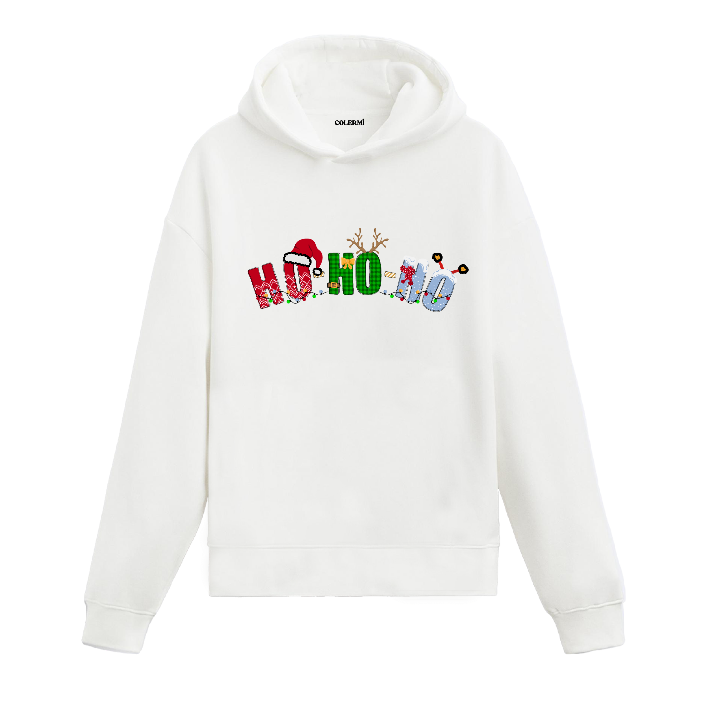 Beyaz hoodie, Ho Ho Ho yazısı baskılı, Noel Baba şapkası ve geyik boynuzlu tasarım