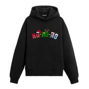 Siyah hoodie, Ho Ho Ho Noel yazısı baskısı, ışıklı ve şapkalı yılbaşı tasarımı