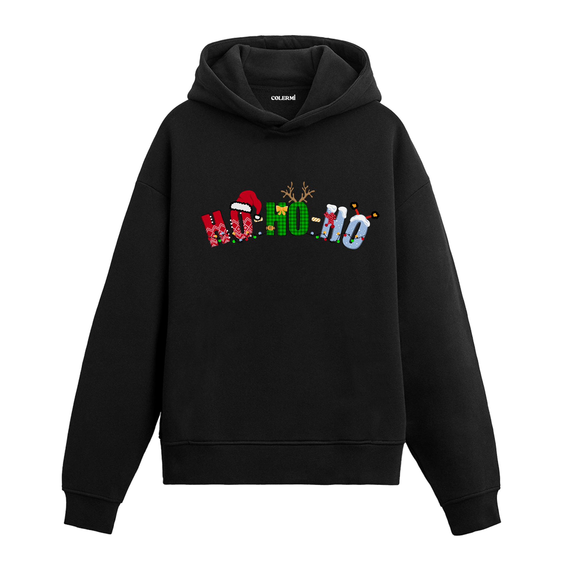 Siyah hoodie, Ho Ho Ho Noel yazısı baskısı, ışıklı ve şapkalı yılbaşı tasarımı