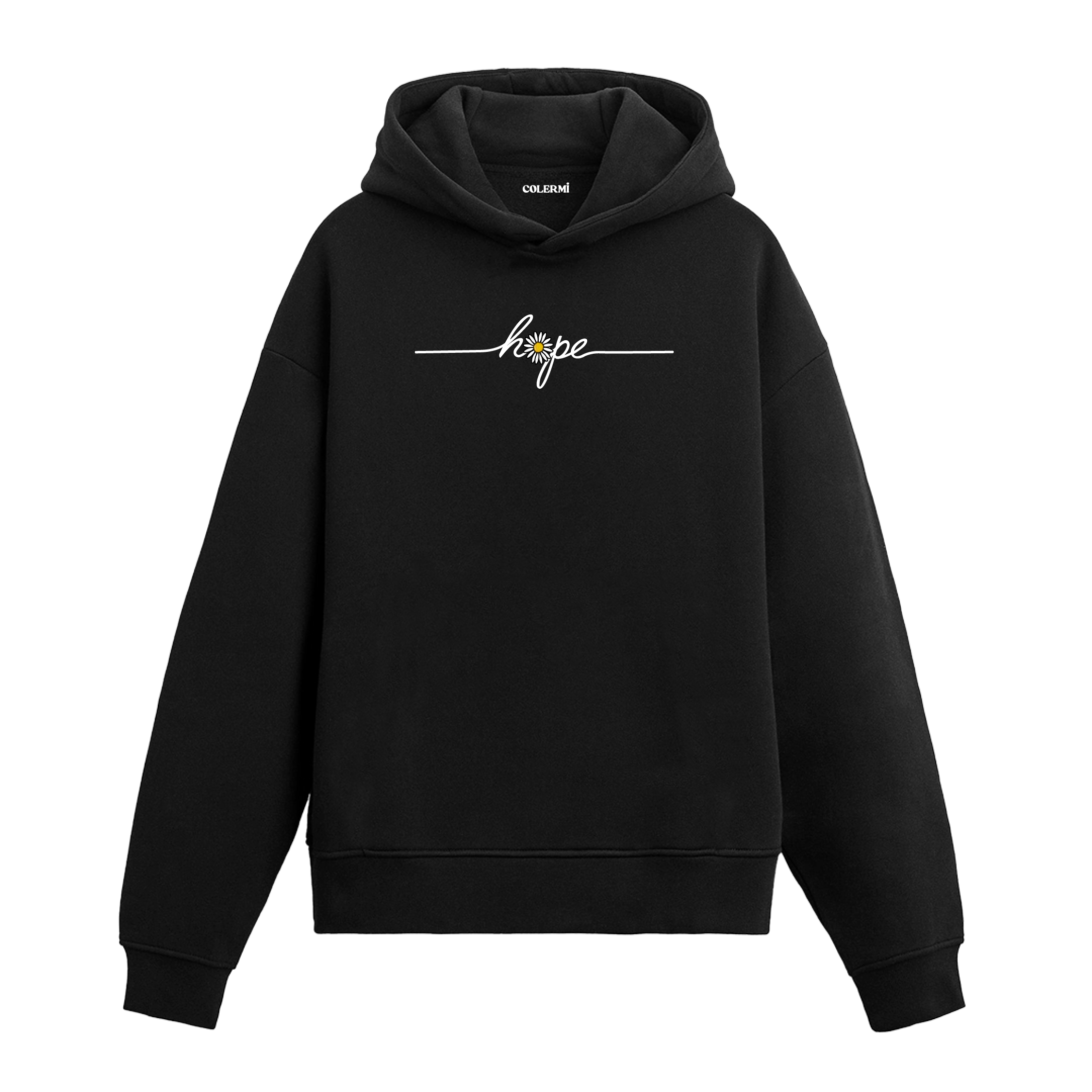 Siyah hoodie üzerinde hope yazısı ve papatya baskısı