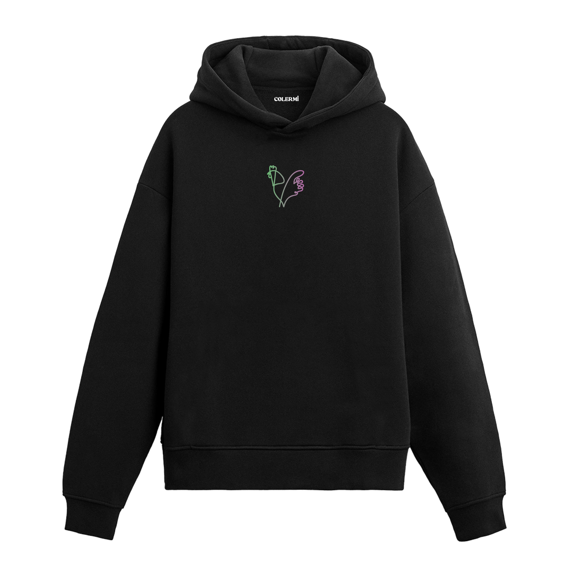 Siyah hoodie üzerinde minimal horoz baskısı