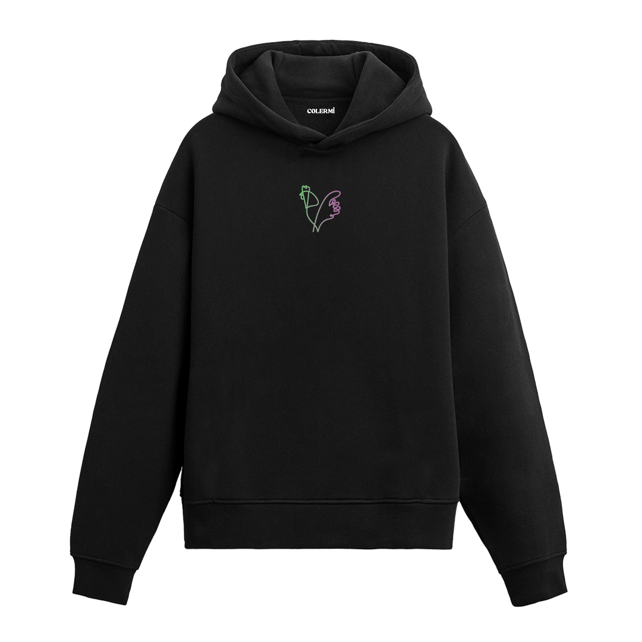 Siyah hoodie üzerinde minimal horoz baskısı