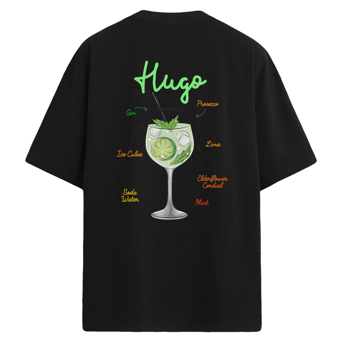 Hugo kokteyli temalı sırt baskılı siyah oversize tişört, lime ve nane detaylı illüstrasyonla