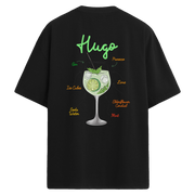 Hugo kokteyli temalı sırt baskılı siyah oversize tişört, lime ve nane detaylı illüstrasyonla