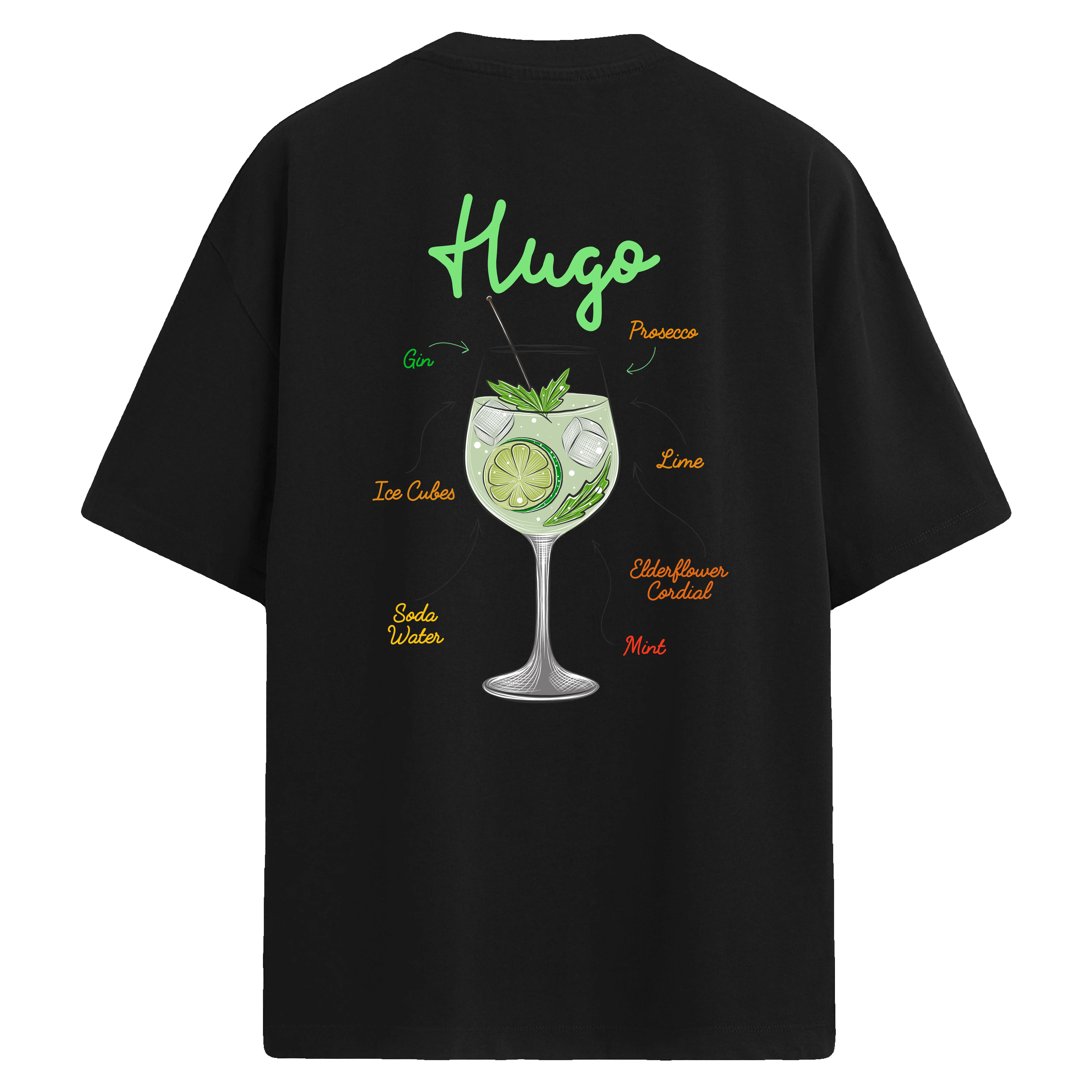 Hugo kokteyli temalı sırt baskılı siyah oversize tişört, lime ve nane detaylı illüstrasyonla
