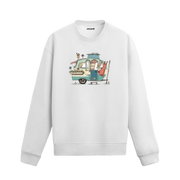 Pastel tonlarda nostaljik karavan, çiçekler, kuş evleri ve çamaşır ipiyle süslenmiş sweatshirt tasarımı.