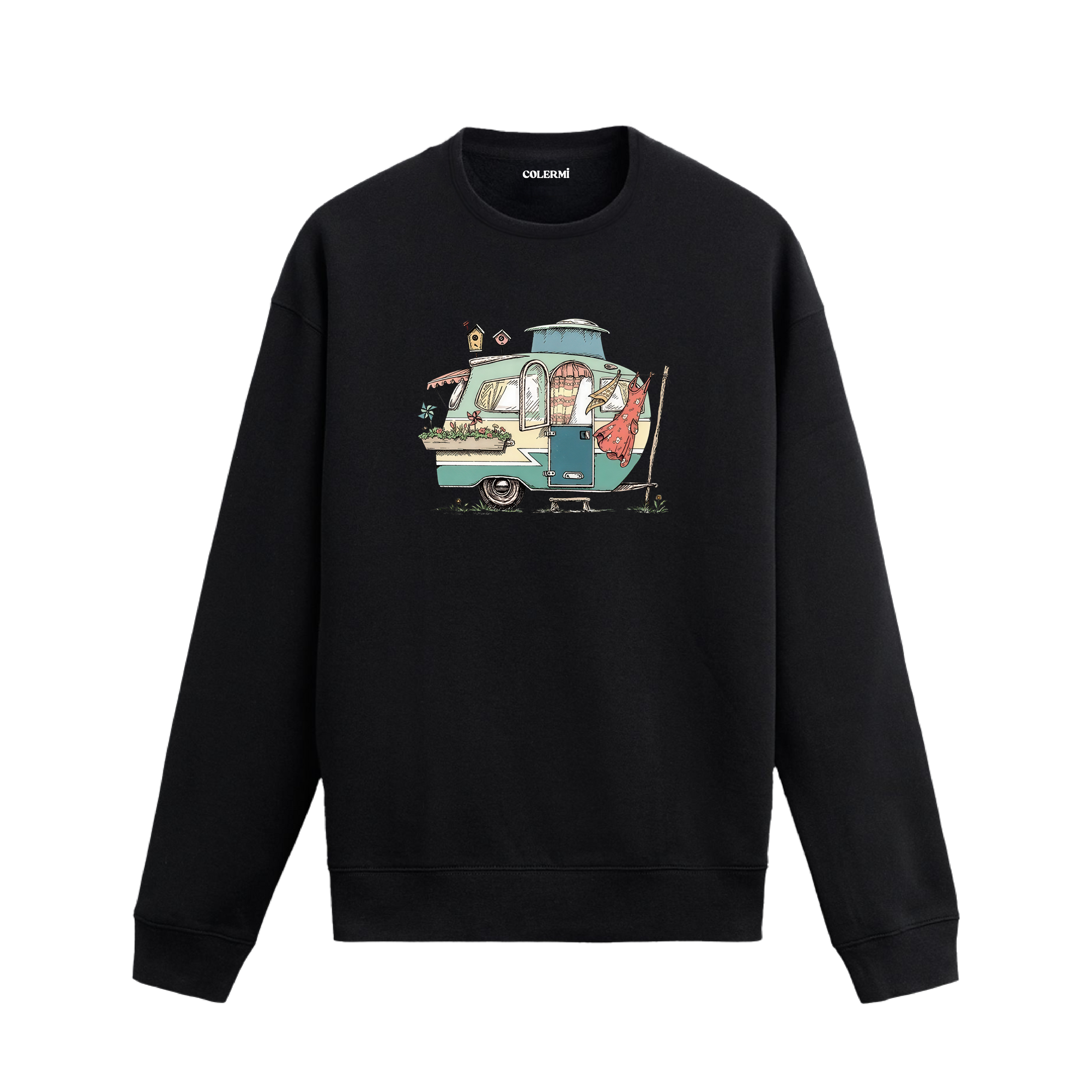 Pastel tonlarda nostaljik karavan, çiçekler, kuş evleri ve çamaşır ipiyle süslenmiş sweatshirt tasarımı.