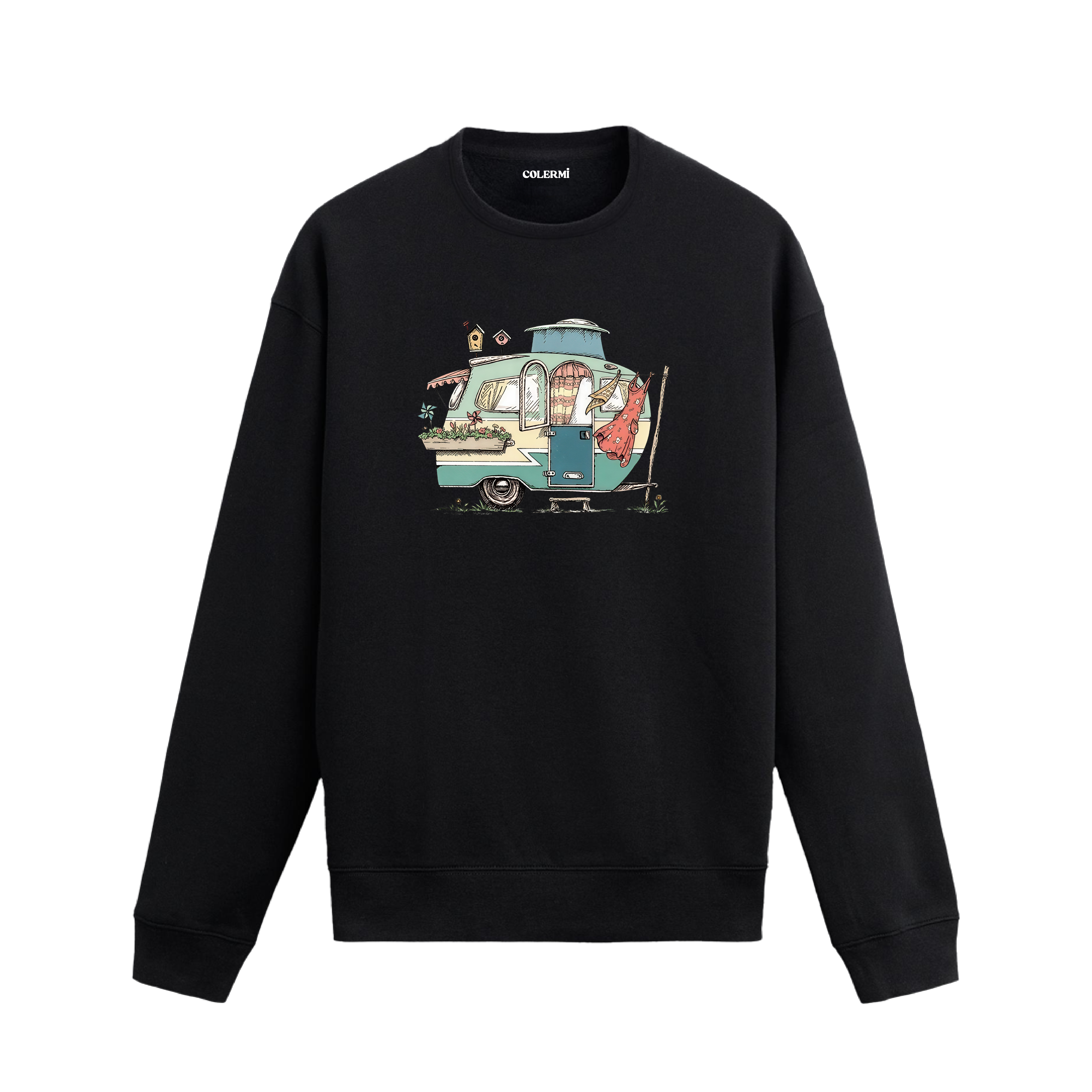 Pastel tonlarda nostaljik karavan, çiçekler, kuş evleri ve çamaşır ipiyle süslenmiş sweatshirt tasarımı.