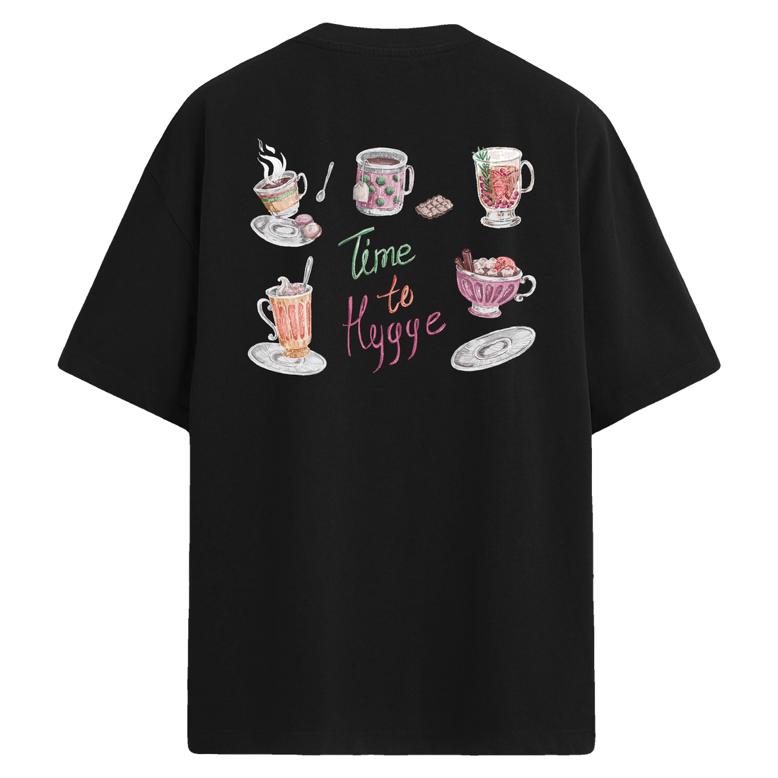 Hygge temalı, sıcak içecek ve tatlı detaylı sırt baskılı oversize tişört