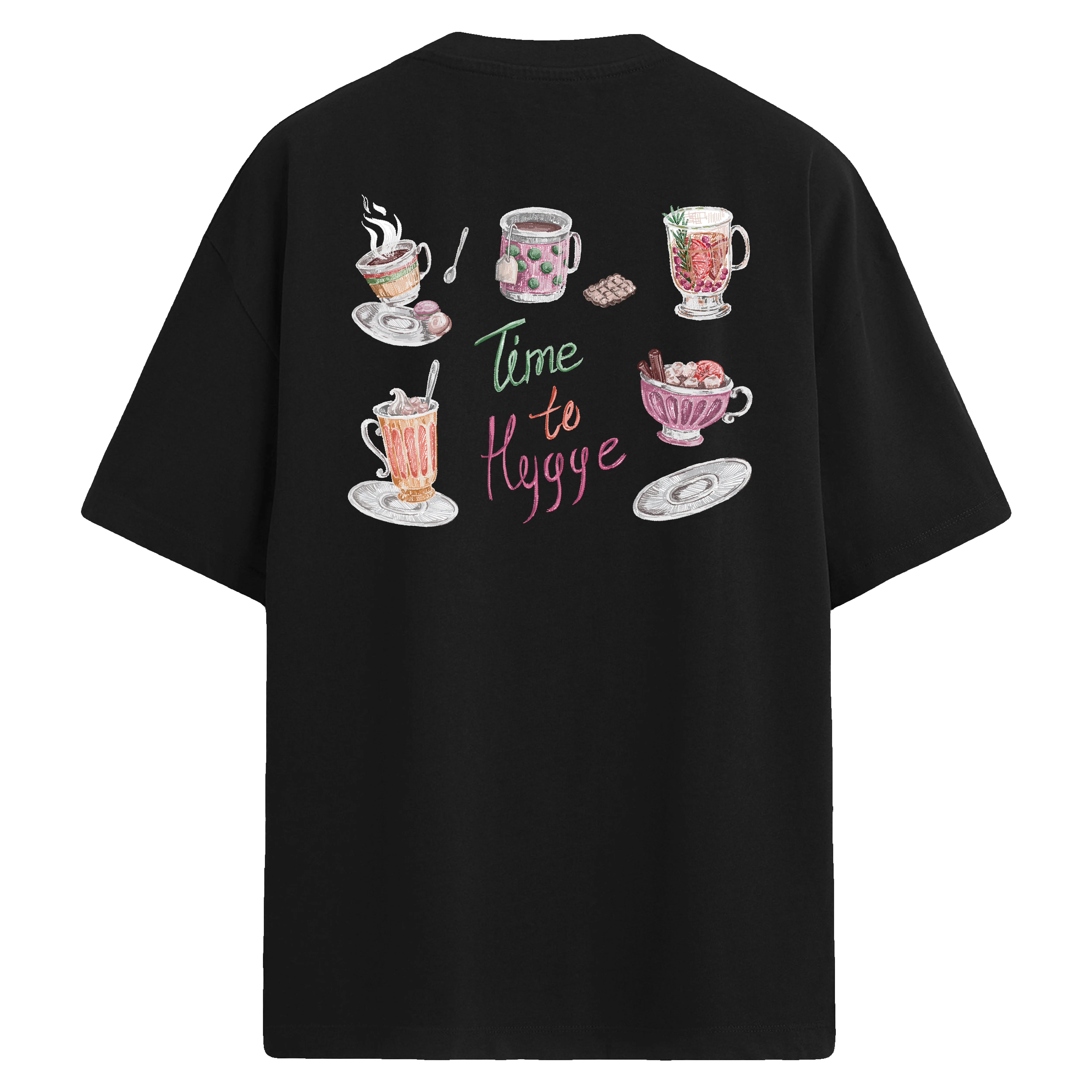 Hygge temalı, sıcak içecek ve tatlı detaylı sırt baskılı oversize tişört