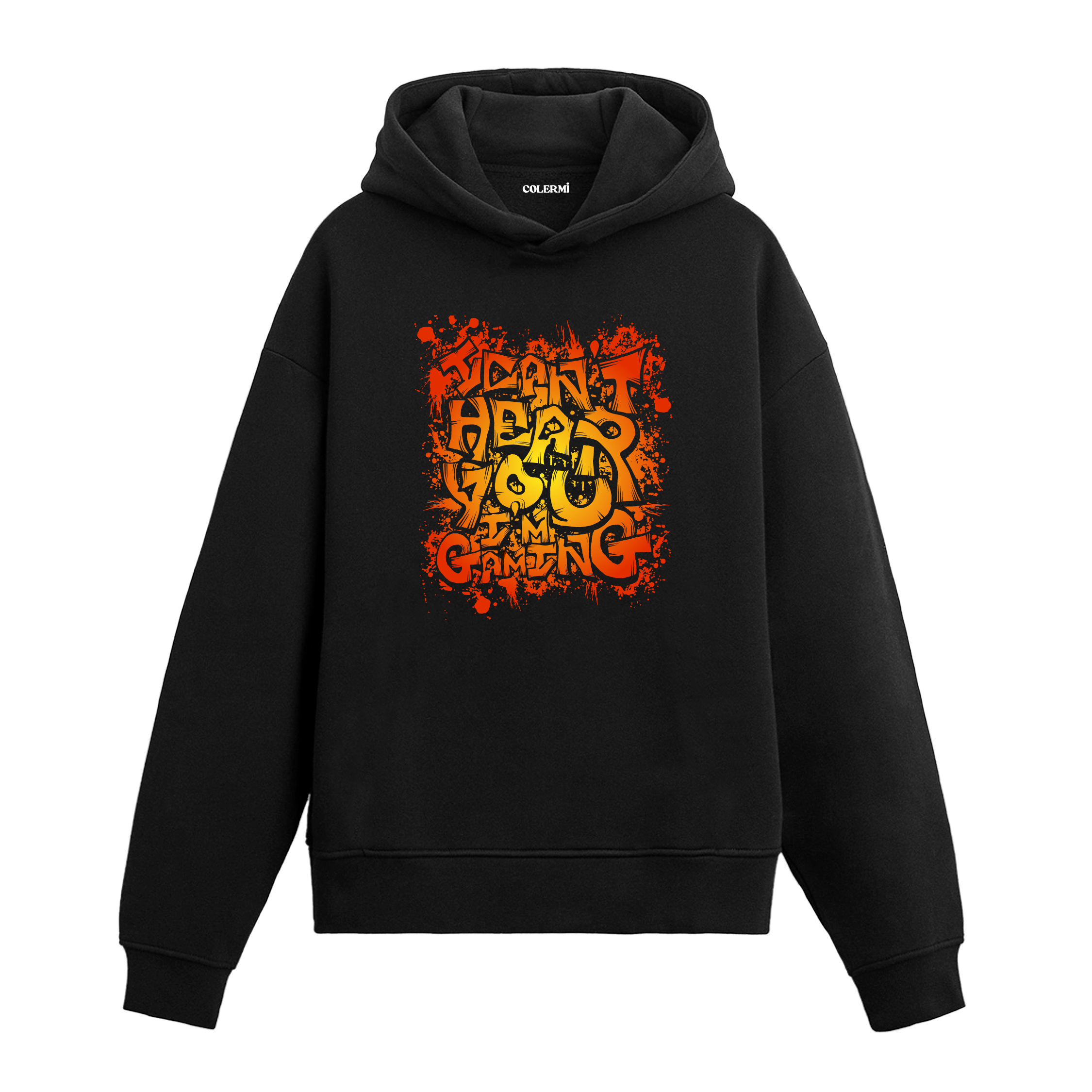 I Can’t Hear You I’m Gaming yazılı siyah hoodie – oyun temalı turuncu ve sarı renkli baskı tasarımı
