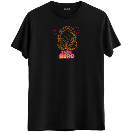 Neon çizgili kulaklık ve I Love Music yazılı müzik temalı regular tişört
