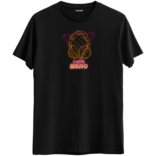 Neon çizgili kulaklık ve I Love Music yazılı müzik temalı regular tişört