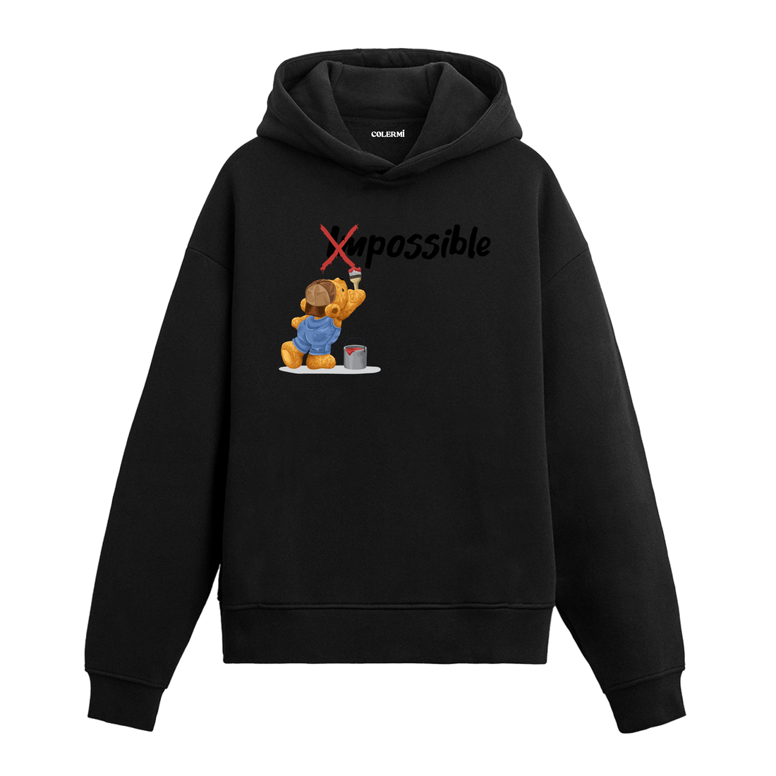 Fırçasıyla “Impossible” kelimesini “Possible” haline getiren sevimli ayıcık baskılı hoodie tasarımı.