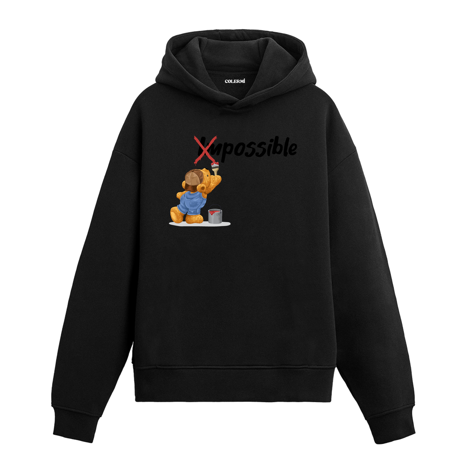 Fırçasıyla “Impossible” kelimesini “Possible” haline getiren sevimli ayıcık baskılı hoodie tasarımı.