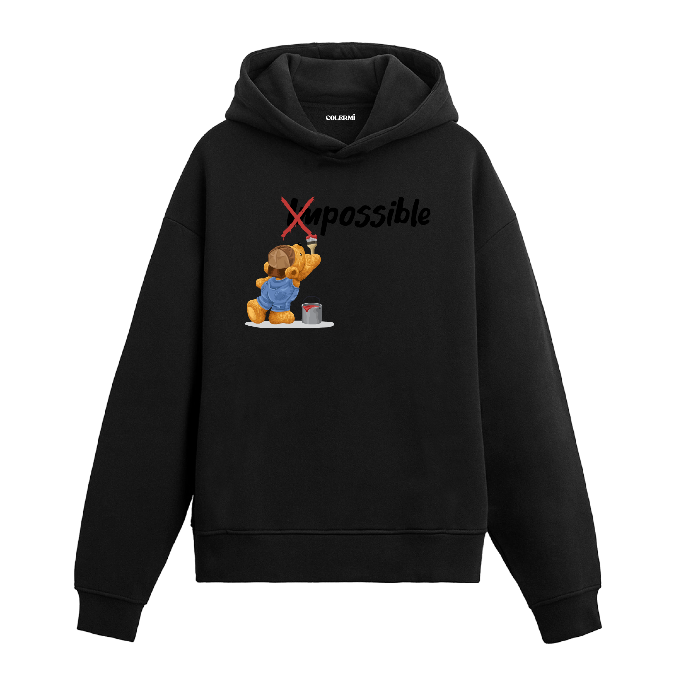 Fırçasıyla “Impossible” kelimesini “Possible” haline getiren sevimli ayıcık baskılı hoodie tasarımı.