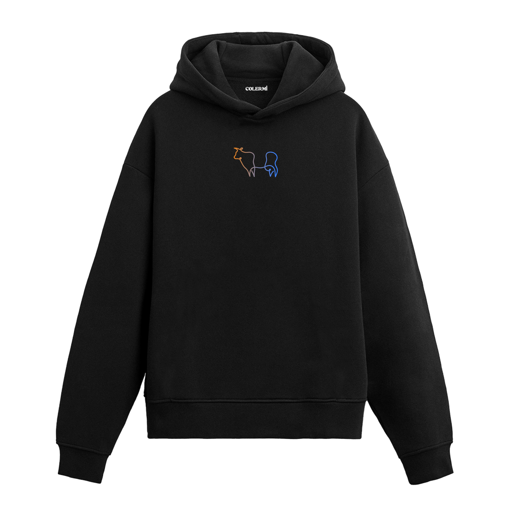 Siyah hoodie üzerinde çizgi sanatıyla inek figürü baskısı