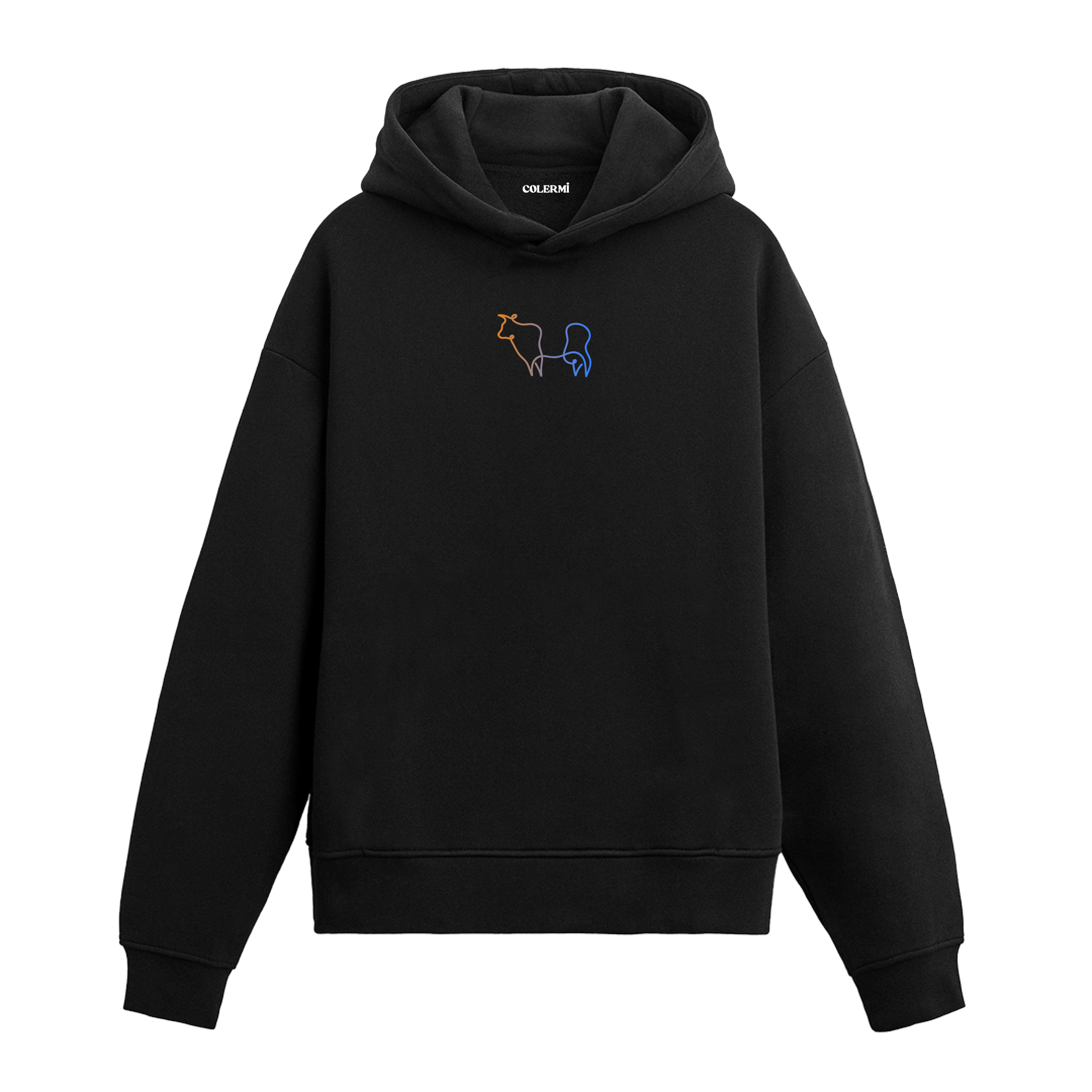 Siyah hoodie üzerinde çizgi sanatıyla inek figürü baskısı