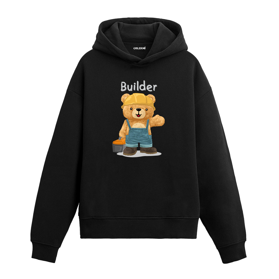 Baret takan, elinde alet çantası tutan inşaatçı ayıcık baskılı hoodie tasarımı.