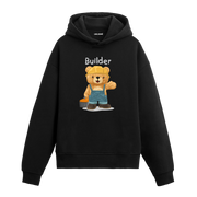 Baret takan, elinde alet çantası tutan inşaatçı ayıcık baskılı hoodie tasarımı.