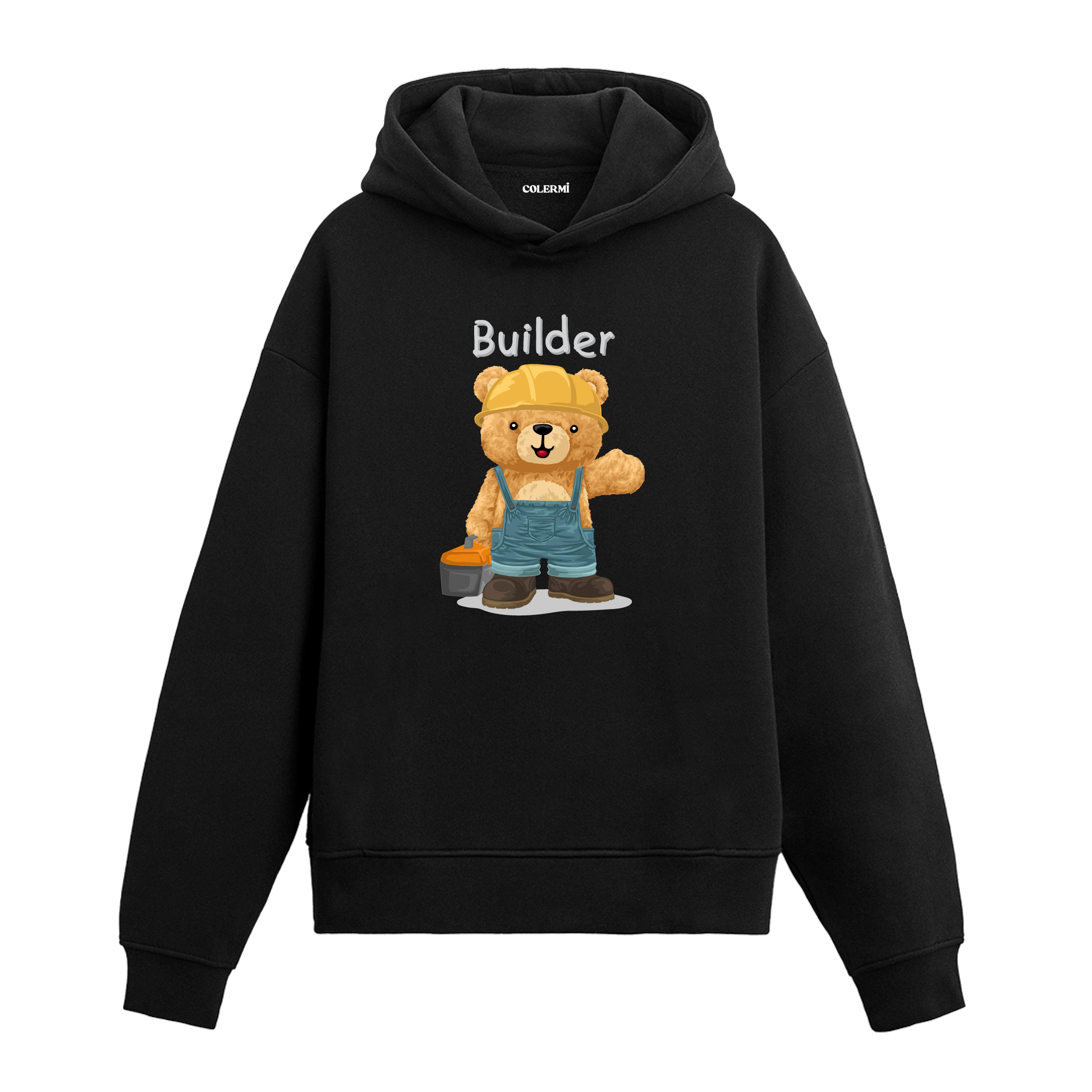 Baret takan, elinde alet çantası tutan inşaatçı ayıcık baskılı hoodie tasarımı.