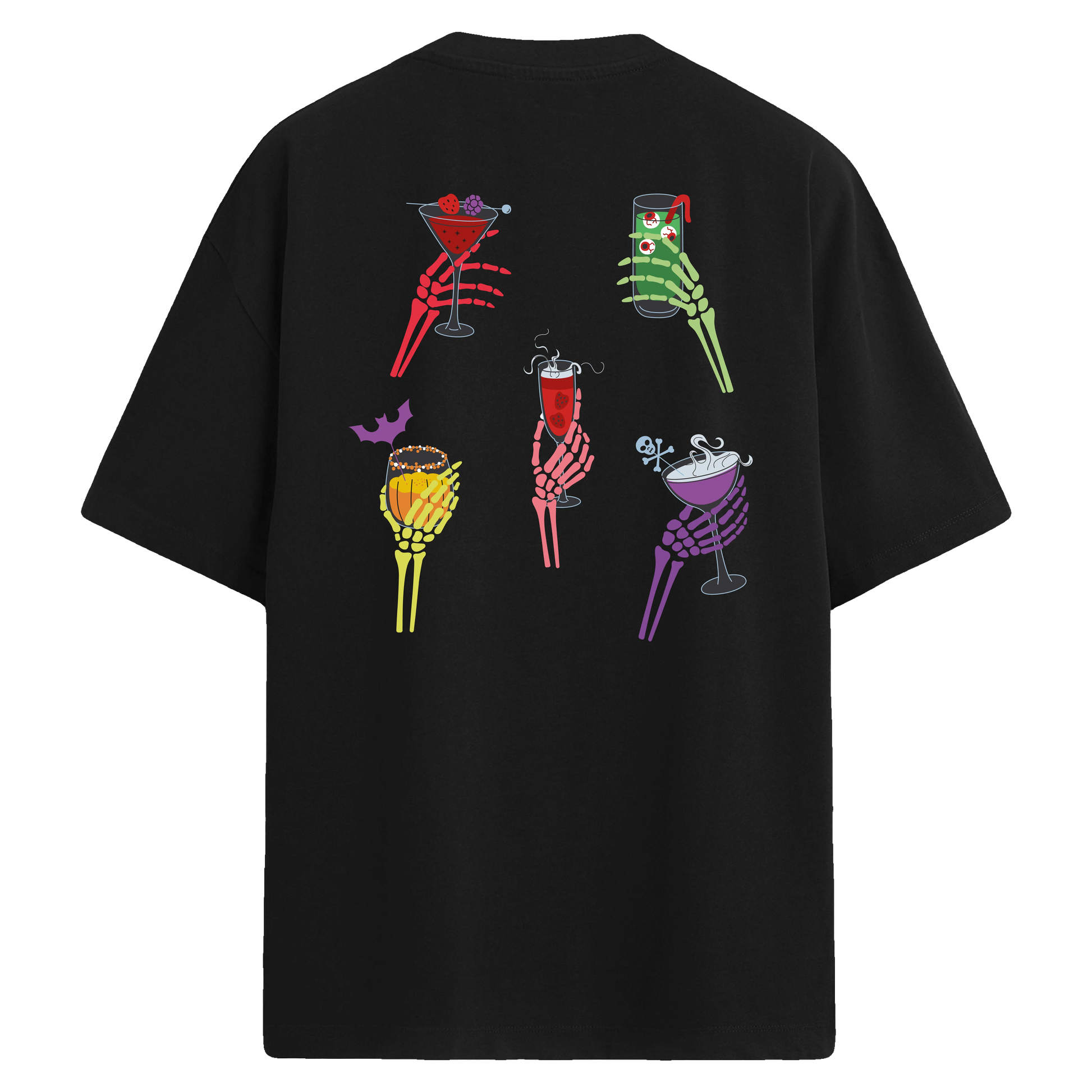 Kokteyl tutan iskelet ellerin bulunduğu sırt baskılı oversize siyah tişört