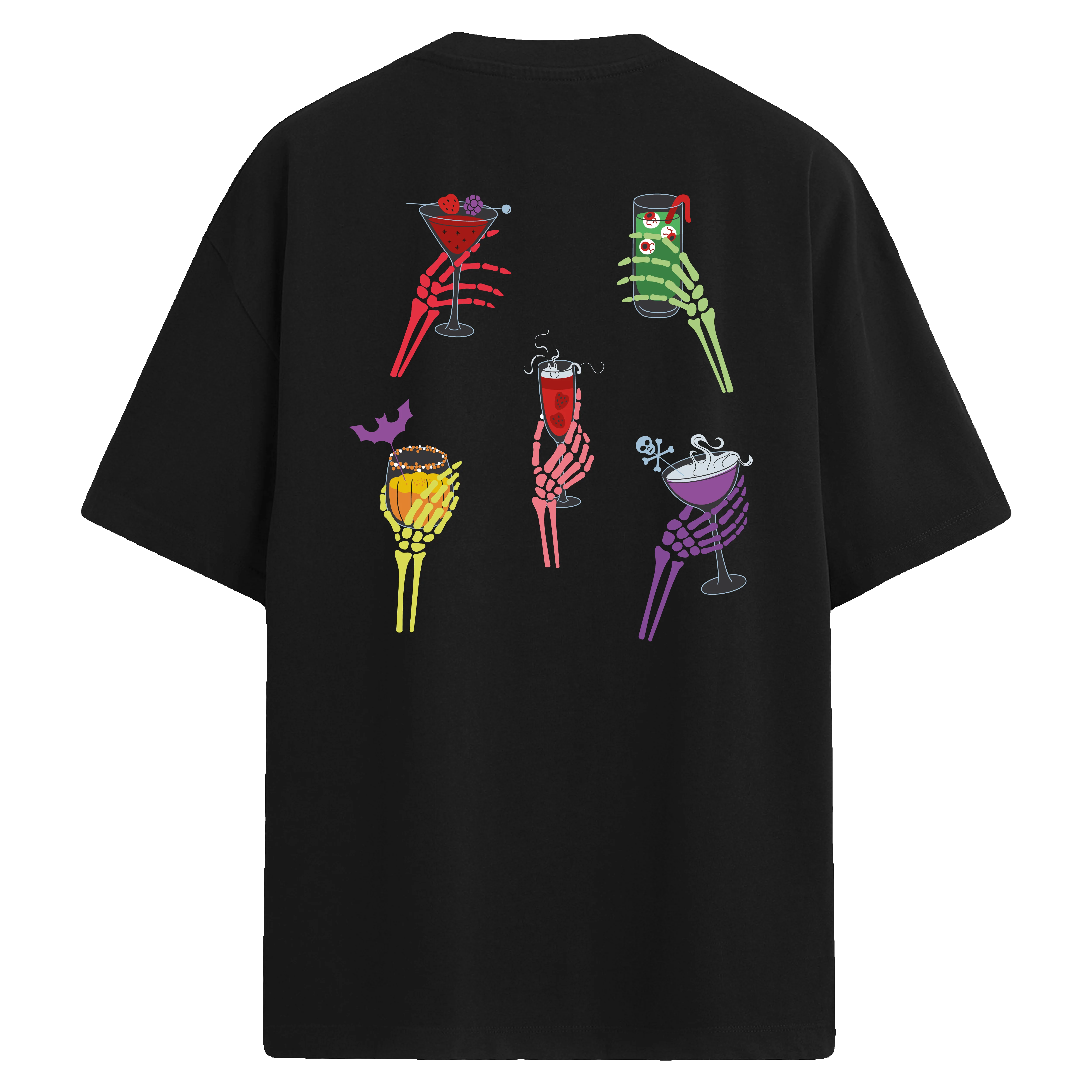 Kokteyl tutan iskelet ellerin bulunduğu sırt baskılı oversize siyah tişört