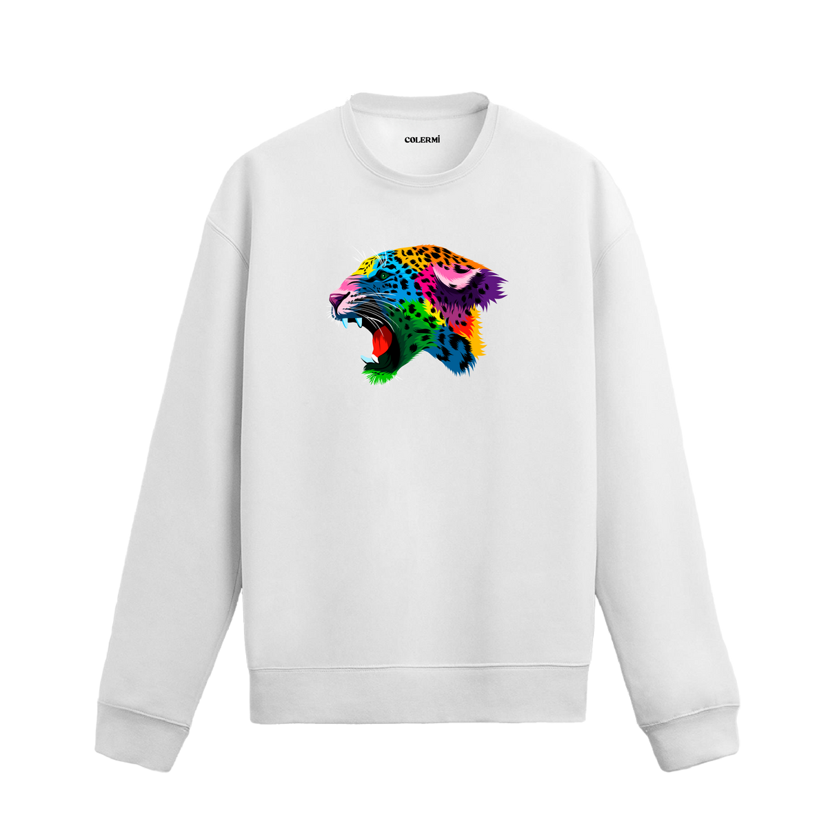 Siyah sweatshirt üzerinde renkli jaguar başı baskısı