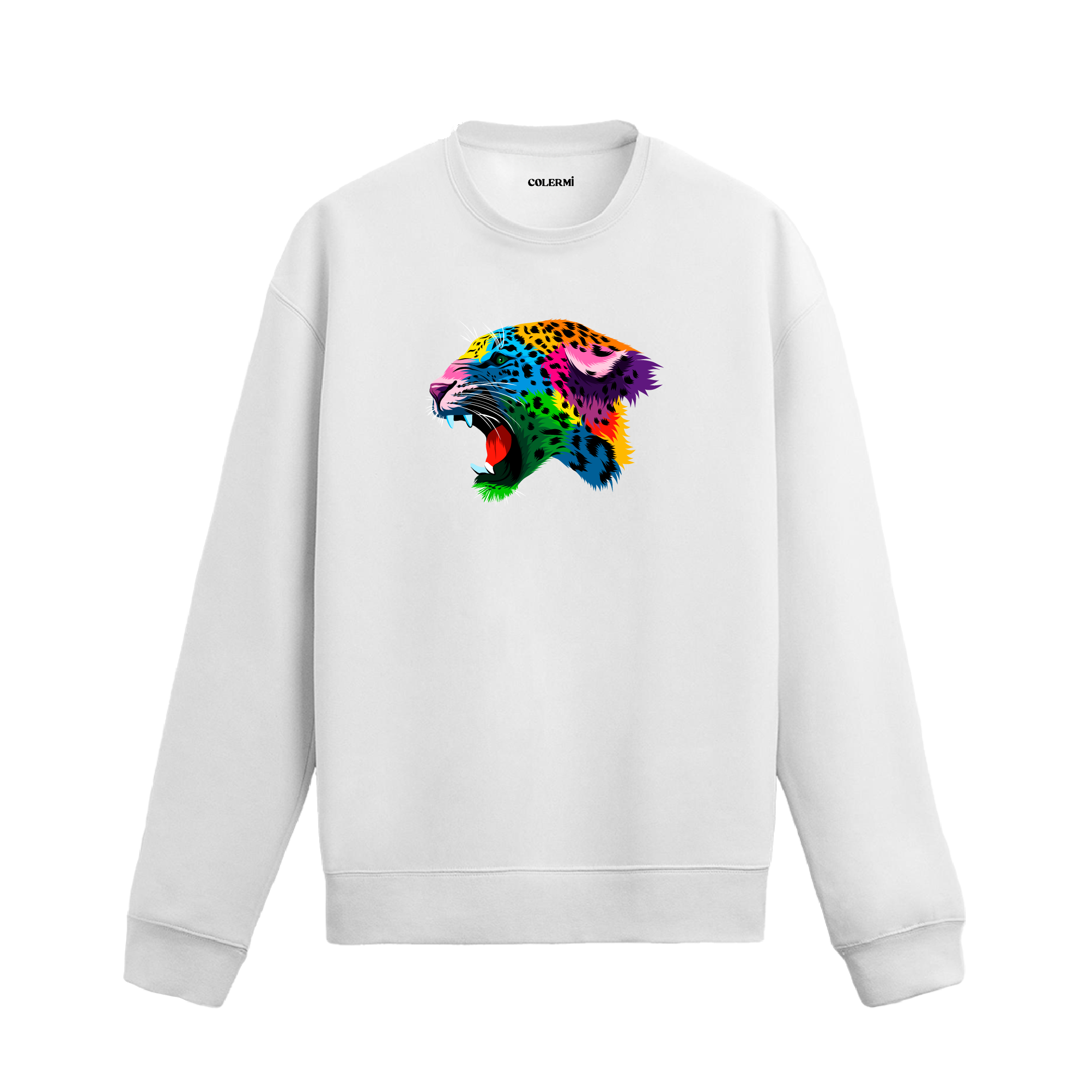 Siyah sweatshirt üzerinde renkli jaguar başı baskısı