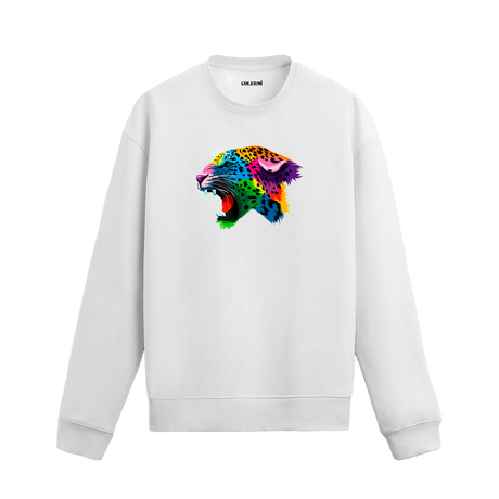 Siyah sweatshirt üzerinde renkli jaguar başı baskısı