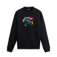 Siyah sweatshirt üzerinde renkli jaguar başı baskısı